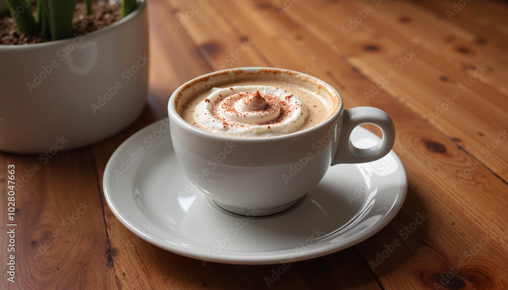 Obraz premium Creamy mocha topped with whipped cream and cocoa on a white cup and saucer on a wooden table