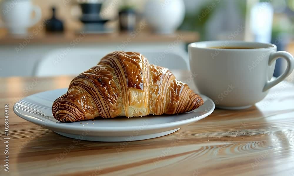 A freshly baked croissant sits on a white plate next to a cup of coffee. The coffee cup and croissant are on a wooden table. A freshly baked croissant sits on a white plate next to a cup of coffee. The coffee cup and croissant are on a wooden table.