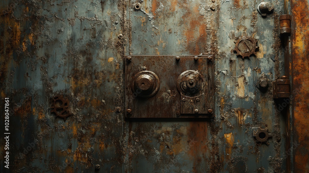 Rusty industrial metal door with gears and levers. Rusty industrial metal door with gears and levers.