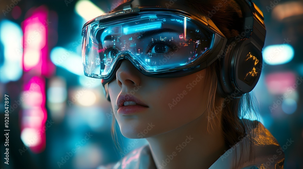 Woman engineer in a high-tech factory, using virtual reality to manipulate holographic machines, close-up shot, cyberpunk style, neon lights reflecting on her visor Woman engineer in a high-tech factory, using virtual reality to manipulate holographic machines, close-up shot, cyberpunk style, neon lights reflecting on her visor