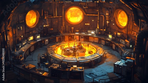 Fototapeta Naklejka Na Ścianę i Meble -  A steampunk-inspired circular lab with brass workstations and a central experiment space, surrounded by mechanical gadgets and glowing amber lights