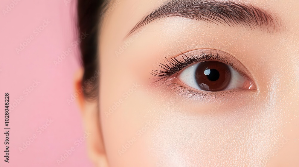 Naklejka premium Closeup of an Asian woman s face, smooth skin glowing with a soft, radiant finish, highlighting natural beauty smooth skin, glowing finish, natural beauty
