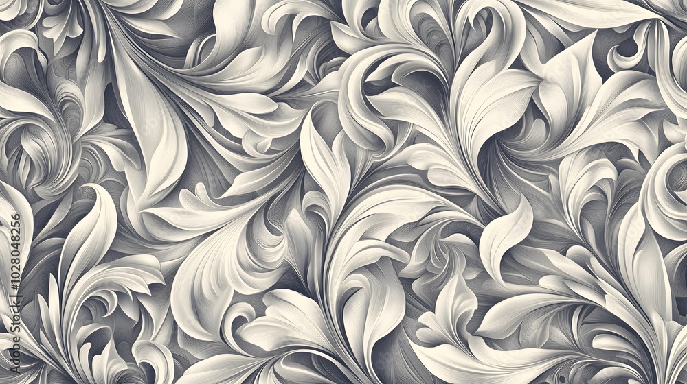 Abstract swirling, intertwining, grayscale floral pattern with intricate detail. Abstract swirling, intertwining, grayscale floral pattern with intricate detail.