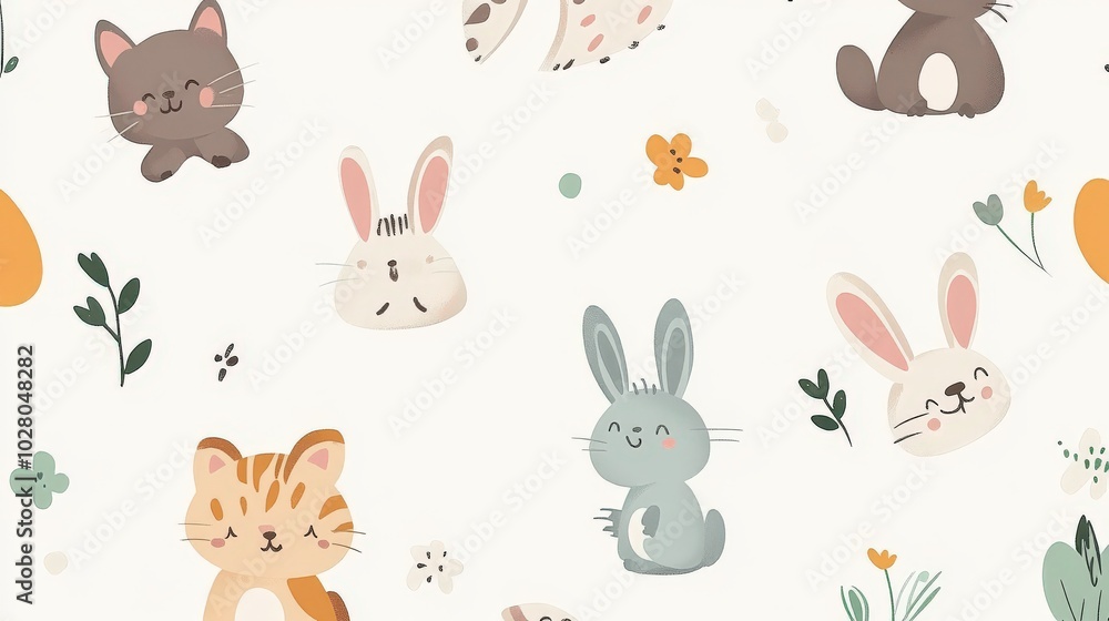 Cute cartoon animals in pastel colors on a playful pattern. Cute cartoon animals in pastel colors on a playful pattern.
