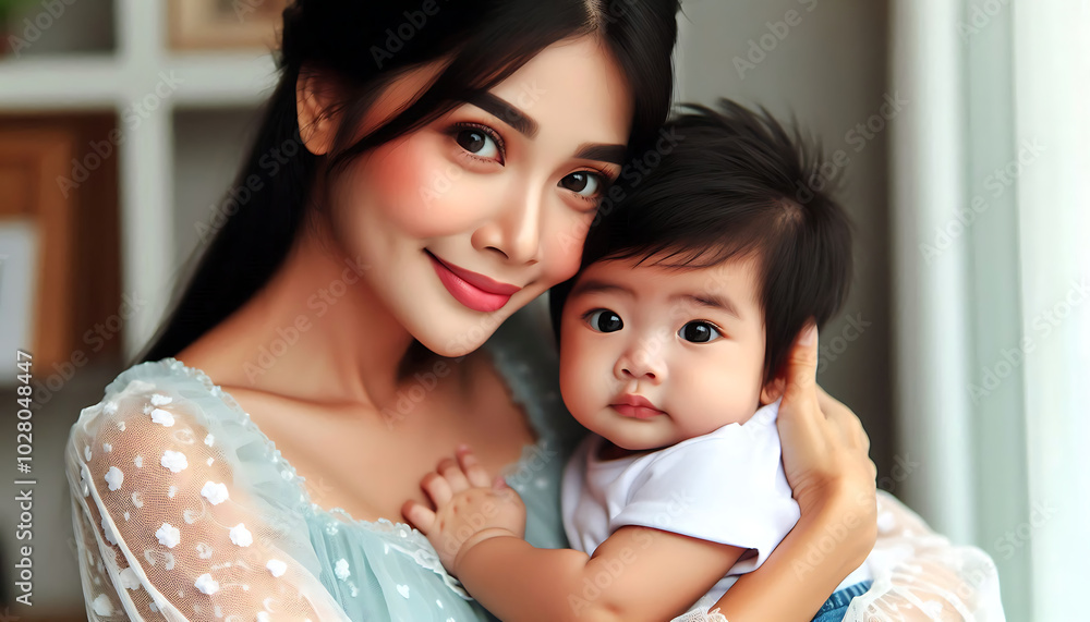 A loving mother holding her smiling baby, capturing the joy and bond of family during precious moments of childhood A loving mother holding her smiling baby, capturing the joy and bond of family during precious moments of childhood