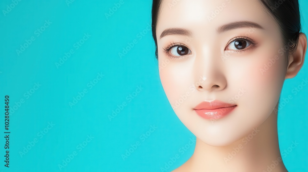 Fototapeta premium Closeup of an Asian woman with smooth skin and subtle bronzer, creating a glowing, sunkissed look sunkissed, smooth skin, glowing face