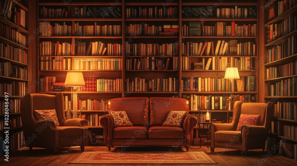 Cozy library scene with warm lighting and comfortable seating. Cozy library scene with warm lighting and comfortable seating.