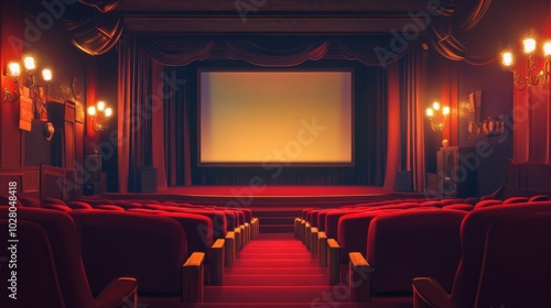 Empty vintage cinema with red velvet seats and warm lighting.