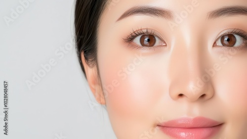 Closeup of an Asian woman with radiant, perfectly smooth skin, captured in soft daylight radiant skin, smooth face, daylight glow