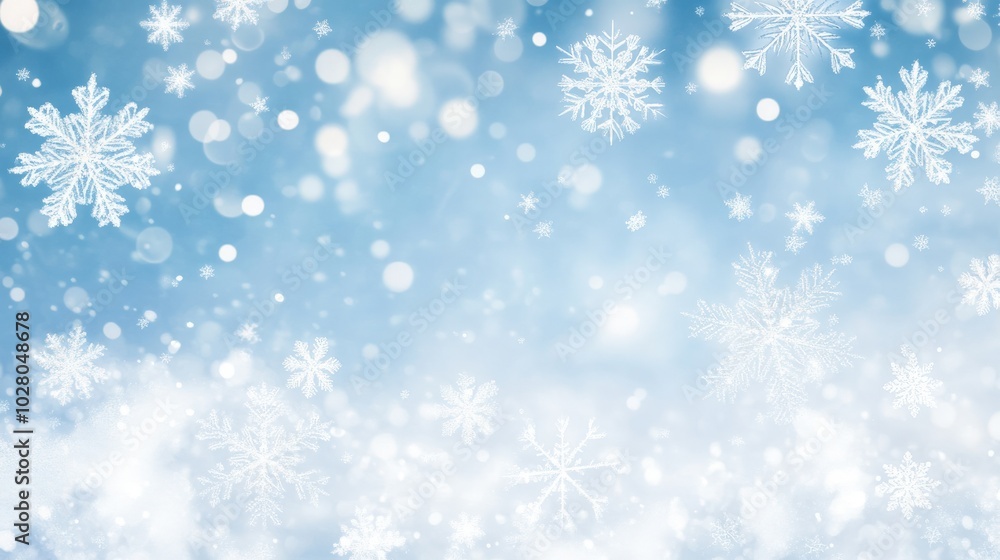 Delicate snowflakes float against a serene blue winter backdrop. Delicate snowflakes float against a serene blue winter backdrop.