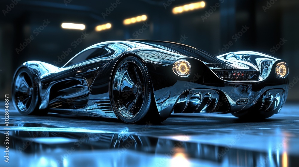 Futuristic chrome sports car with sleek curves and glowing headlights. Futuristic chrome sports car with sleek curves and glowing headlights.
