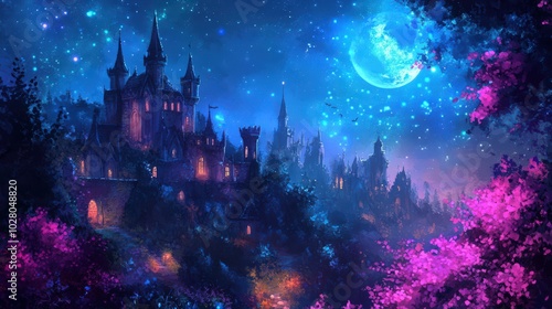 Enchanting castle under a starry, mystical night sky.