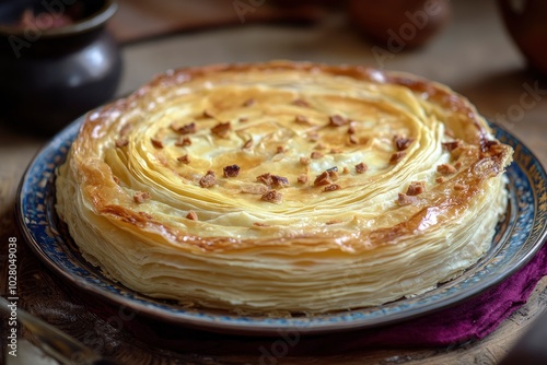 Feteer meshaltet - Feteer (Egyptian Pie), It consists of many thin layers of dough and ghee and an optional filling. The fillings can be both sweet or savory - generative ai photo