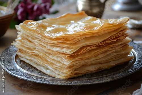 Feteer meshaltet - Feteer (Egyptian Pie), It consists of many thin layers of dough and ghee and an optional filling. The fillings can be both sweet or savory - generative ai photo