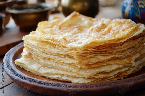 Feteer meshaltet - Feteer (Egyptian Pie), It consists of many thin layers of dough and ghee and an optional filling. The fillings can be both sweet or savory - generative ai photo