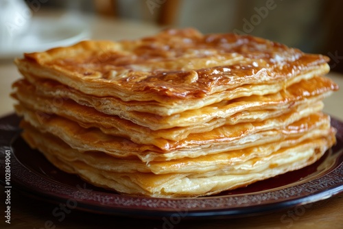 Feteer meshaltet - Feteer (Egyptian Pie), It consists of many thin layers of dough and ghee and an optional filling. The fillings can be both sweet or savory - generative ai