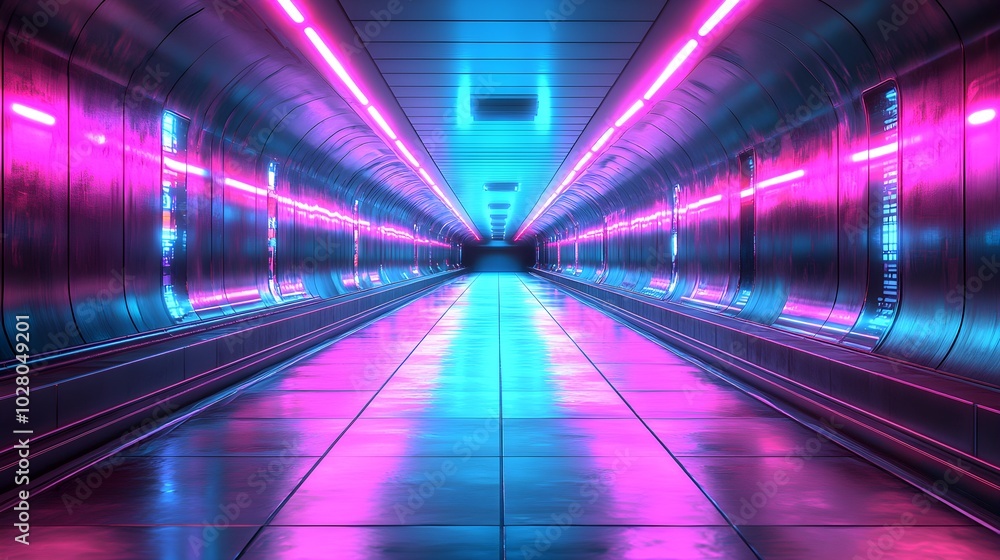 Abstract futuristic hallway, close-up of blue and purple neon lights glowing along the edges of metallic walls, minimalist, sharp angles, cyberpunk, digital art, atmospheric Abstract futuristic hallway, close-up of blue and purple neon lights glowing along the edges of metallic walls, minimalist, sharp angles, cyberpunk, digital art, atmospheric