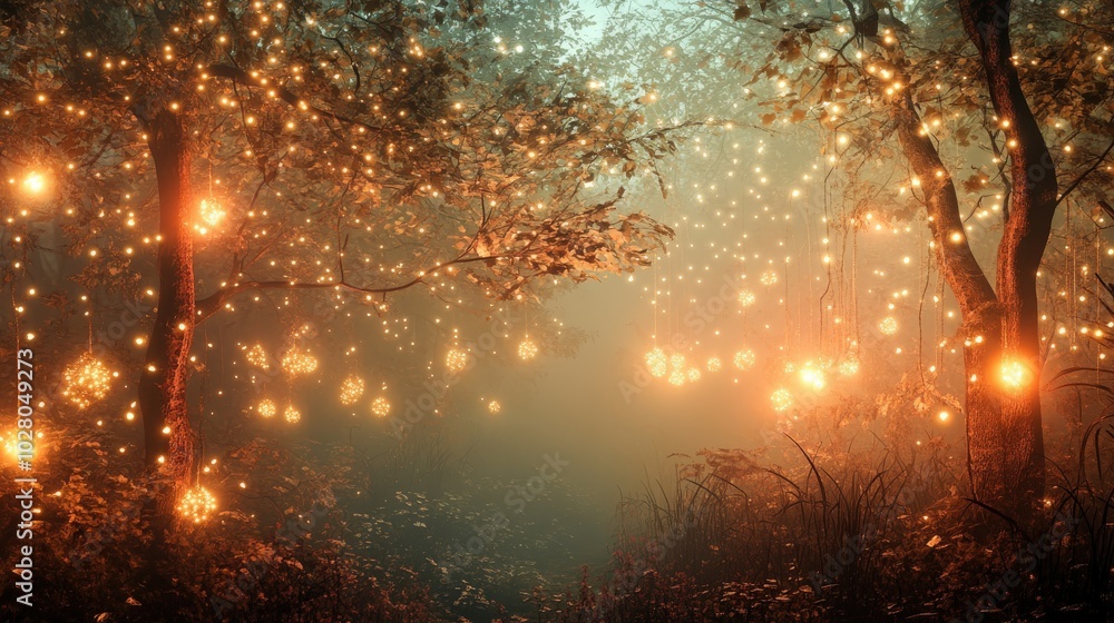 Enchanted forest aglow with magical floating lights at dusk. Enchanted forest aglow with magical floating lights at dusk.