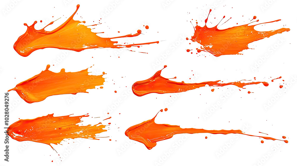 Set of Vibrant Orange Paint Splashes Isolated on a White Background Generative AI Set of Vibrant Orange Paint Splashes Isolated on a White Background Generative AI
