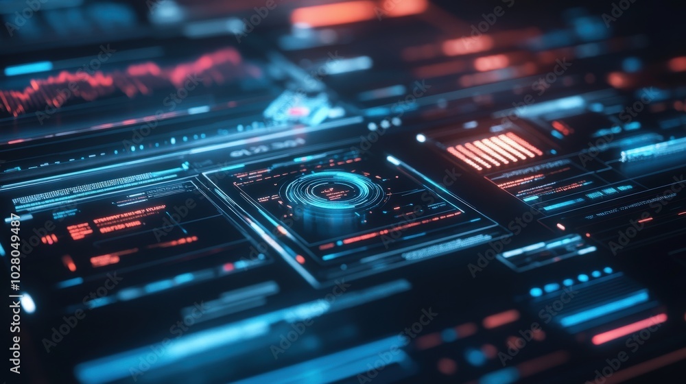 Obraz premium Futuristic digital interface with glowing neon elements.