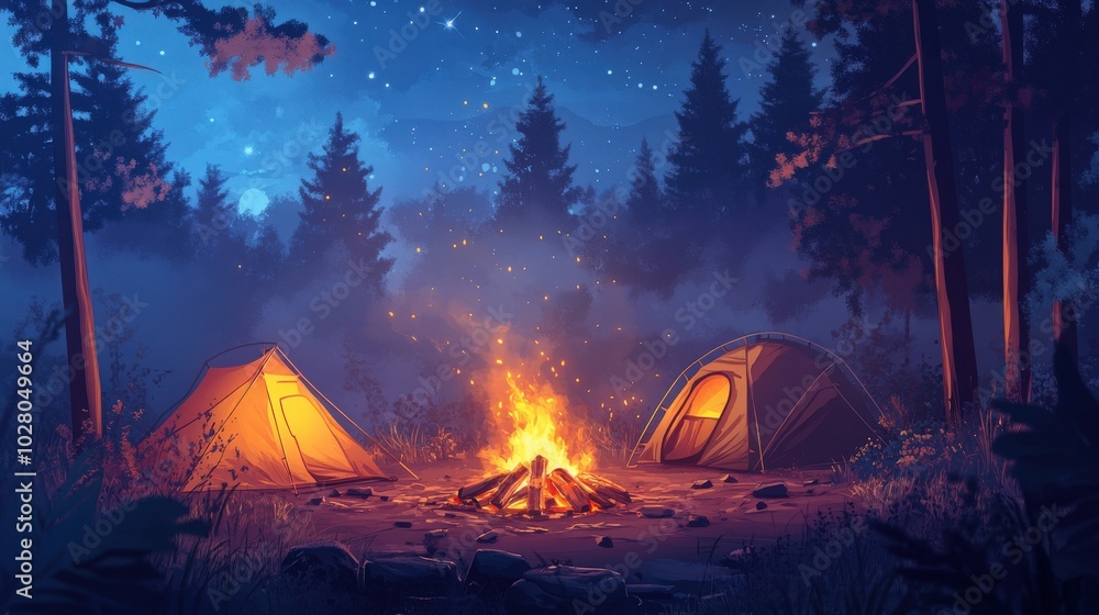 Serene night camping scene with glowing tents and a central campfire. Serene night camping scene with glowing tents and a central campfire.