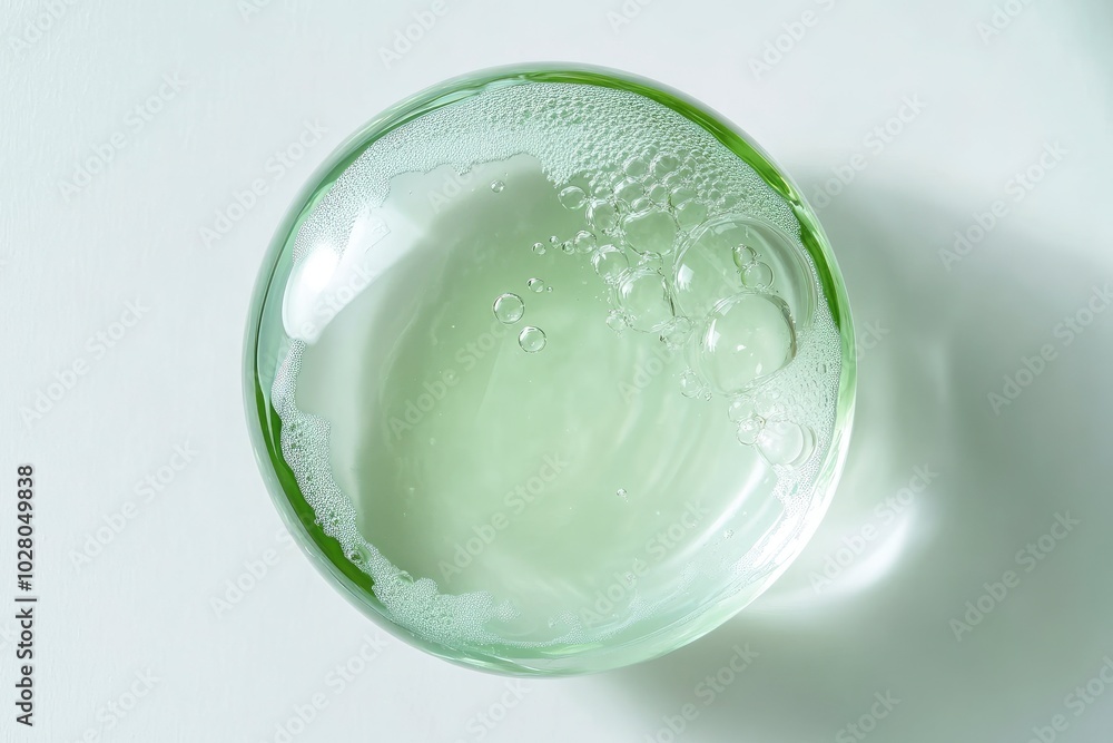 Green skincare product liquid bubble close-up - generative ai Green skincare product liquid bubble close-up - generative ai
