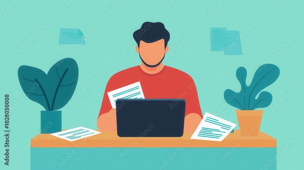 HR manager reviewing resumes at a desk, surrounded by documents and a laptop resume review, recruitment, HR process HR manager reviewing resumes at a desk, surrounded by documents and a laptop resume review, recruitment, HR process