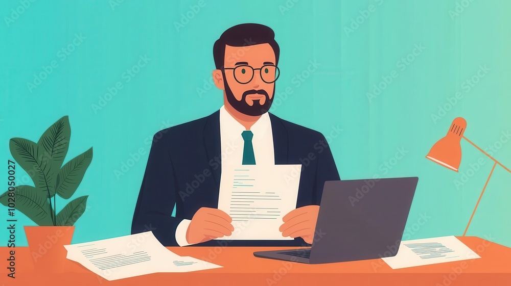 HR manager reviewing resumes at a desk, surrounded by documents and a laptop resume review, recruitment, HR process HR manager reviewing resumes at a desk, surrounded by documents and a laptop resume review, recruitment, HR process