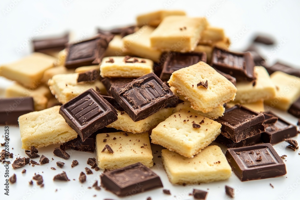 Heap of assortment of shortbread butter biscuits with chocolate on white - generative ai Heap of assortment of shortbread butter biscuits with chocolate on white - generative ai