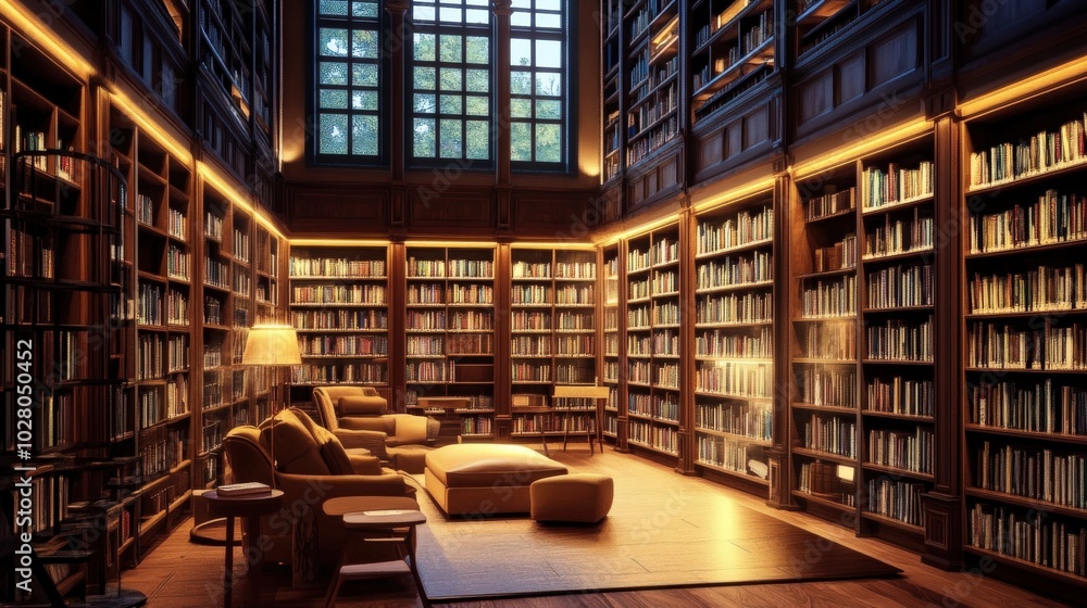 Warm, cozy library with wooden shelves filled with books. Warm, cozy library with wooden shelves filled with books.