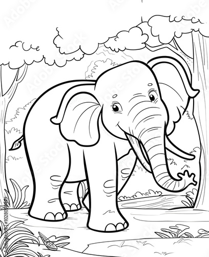 Adorable Elephant Coloring Page for Kids in Jungle photo