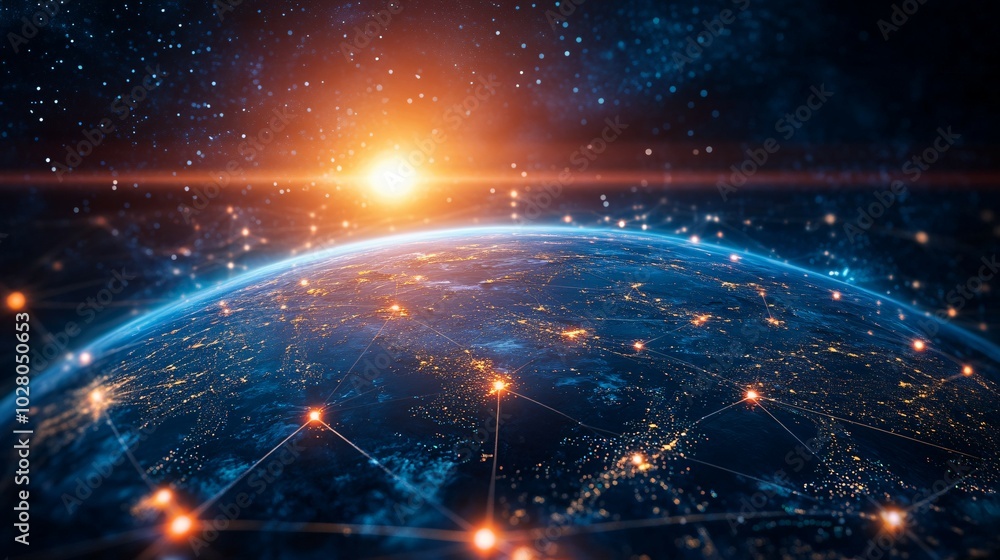 Fototapeta premium Earth's Network with a Rising Sun in the Background