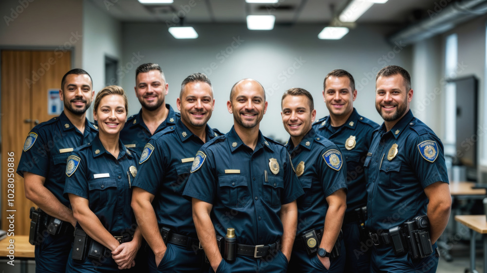 Group of smiling police officers standing together in station house Group of smiling police officers standing together in station house