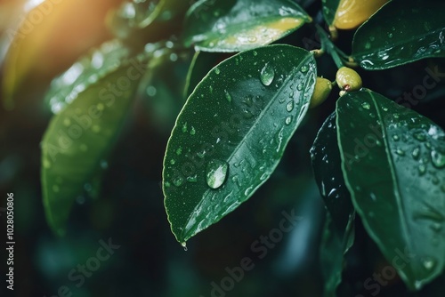 Lemon tree leaves. Water drops on lemon leaf. Flowing raindrops - generative ai