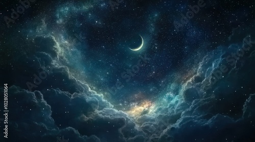 Majestic crescent moon framed by clouds in a starry night sky.