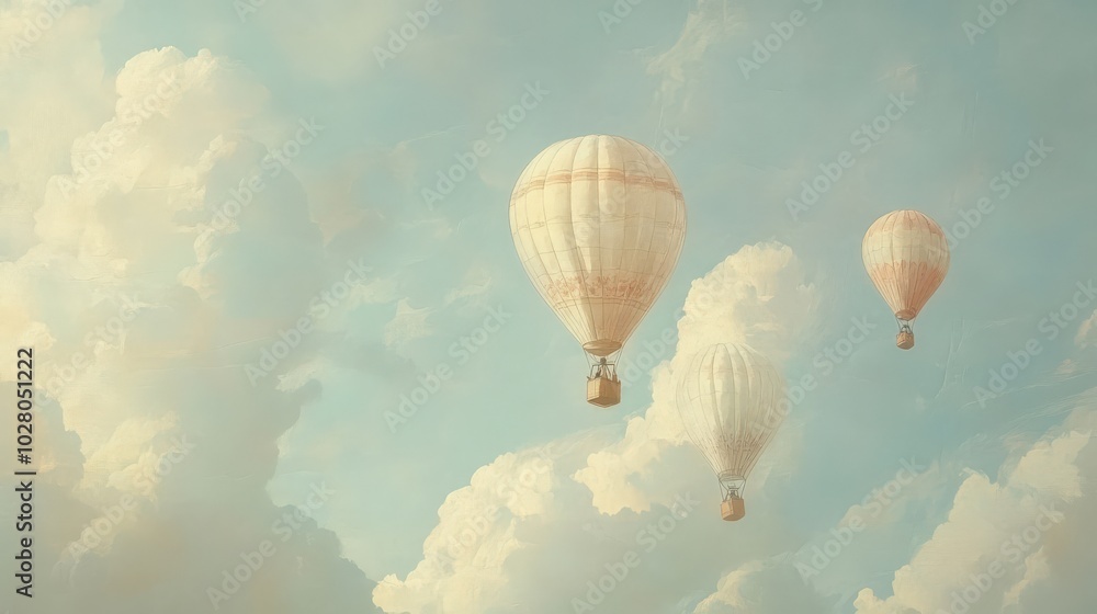 Fototapeta premium Three hot air balloons soaring through a serene cloudy sky.