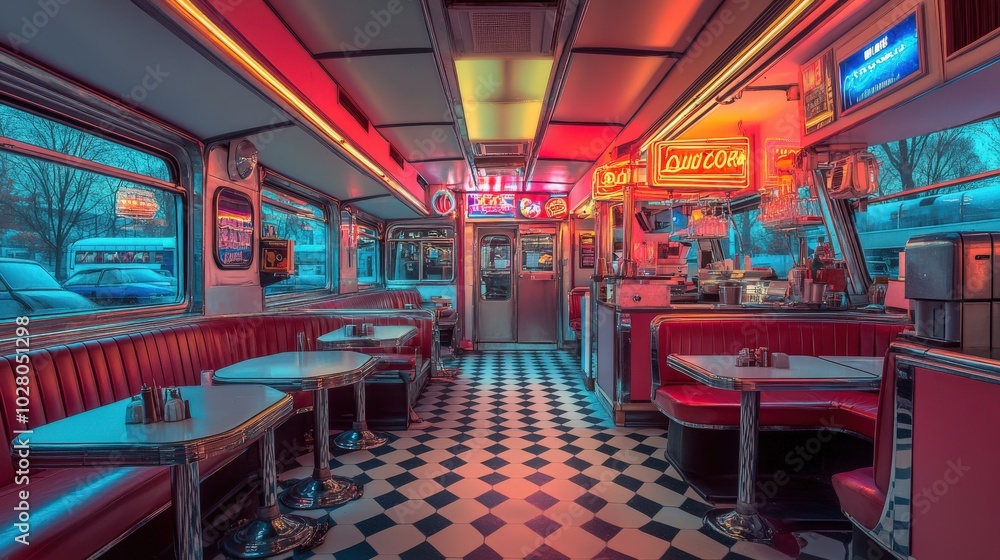 Retro American diner with vibrant neon lights and classic decor. Retro American diner with vibrant neon lights and classic decor.