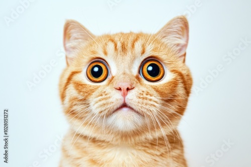 Shocked cat with big eyes isolated on simple background, funny animal expression, cute and surprised face