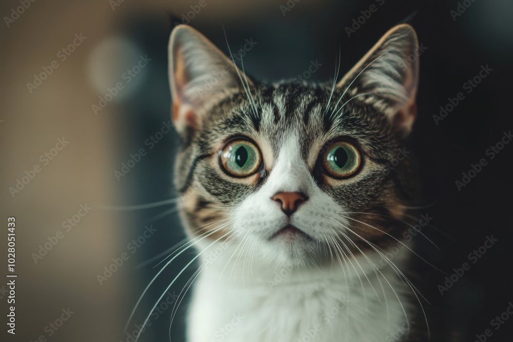 Shocked cat with big eyes isolated on simple background, funny animal expression, cute and surprised face Shocked cat with big eyes isolated on simple background, funny animal expression, cute and surprised face
