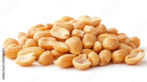 Close-up shot of salted peanuts in a heap, each kernel roasted to perfection, crunchy texture clearly visible, isolated on a pure white background