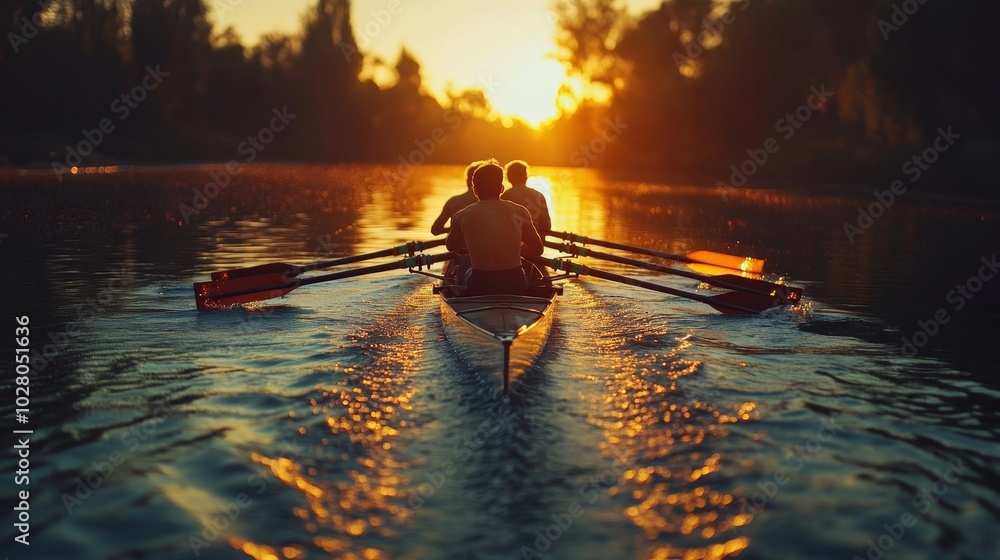 Competitive rowing team pushing forward in golden light, rippling water and glowing oars, dramatic shadows emphasizing the power of each stroke, back view Competitive rowing team pushing forward in golden light, rippling water and glowing oars, dramatic shadows emphasizing the power of each stroke, back view