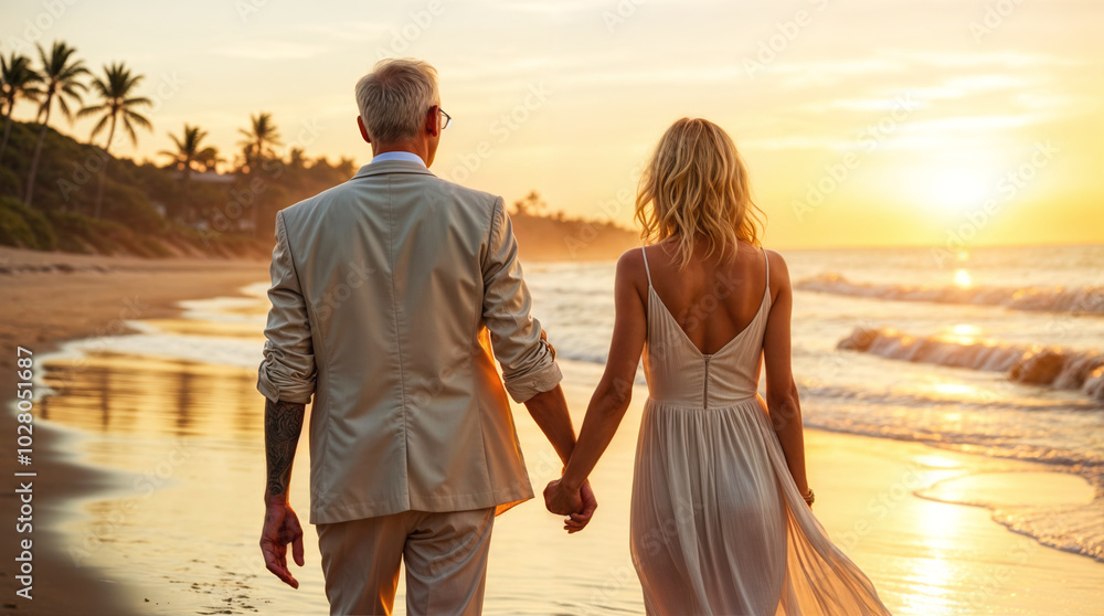 Fototapeta premium Romantic couple walking on the beach at sunset holding hands