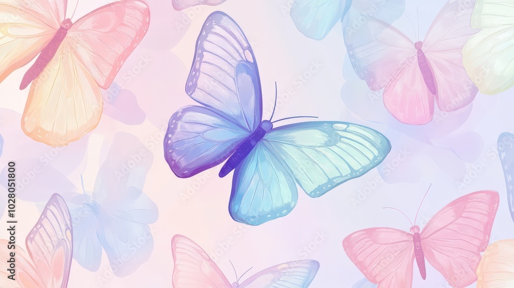 Obraz premium Colorful pastel butterflies with translucent wings in flight.