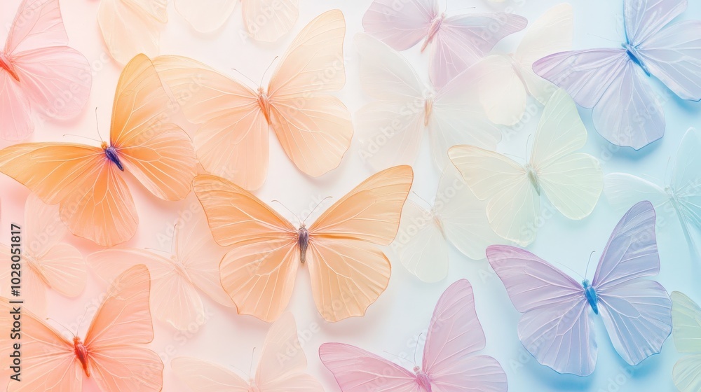 Obraz premium Pastel-colored butterflies with translucent wings in a serene display.