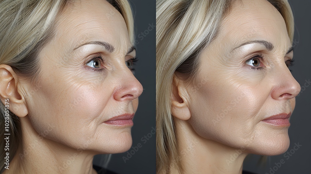 Before-and-after Botox treatment focusing on expression lines around a woman's mouth, showcasing the reduction of wrinkles and the smooth skin effect Before-and-after Botox treatment focusing on expression lines around a woman's mouth, showcasing the reduction of wrinkles and the smooth skin effect