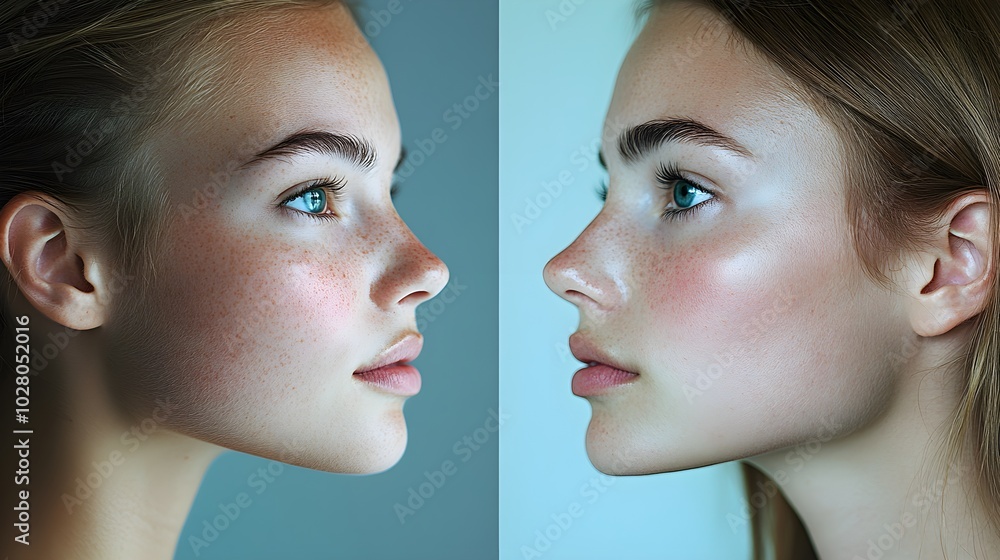 Rhinoplasty transformation profile, documenting the patient's nose with a large tip and uneven bridge pre-surgery, and a smooth, refined structure post-procedure Rhinoplasty transformation profile, documenting the patient's nose with a large tip and uneven bridge pre-surgery, and a smooth, refined structure post-procedure