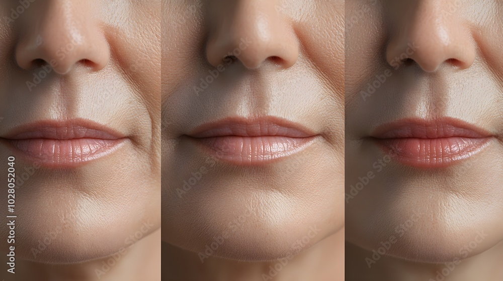 Obraz premium Time-lapse capturing fine line reduction around the mouth through a series of anti-aging treatments, with detailed before-and-after comparisons highlighting the improvements