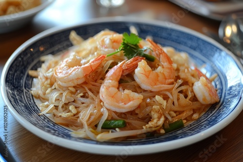 pad thai with shrimp on plate - generative ai