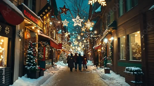 People walk down a snow-covered street lined with buildings and Christmas lights.