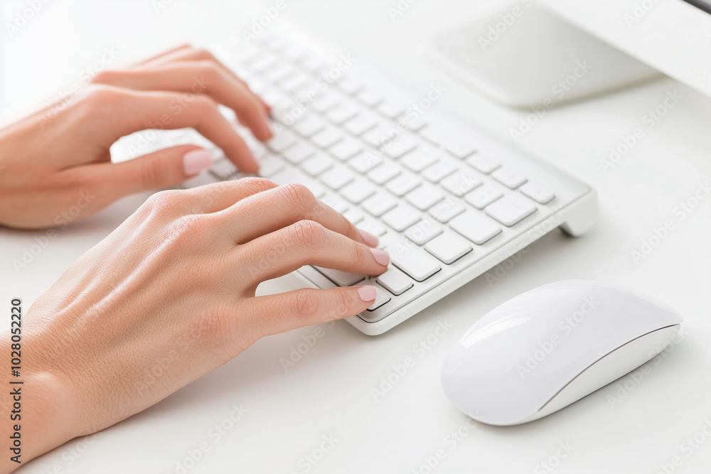 Person typing on a sleek white keyboard, embodying modern technology and focus. Person typing on a sleek white keyboard, embodying modern technology and focus.